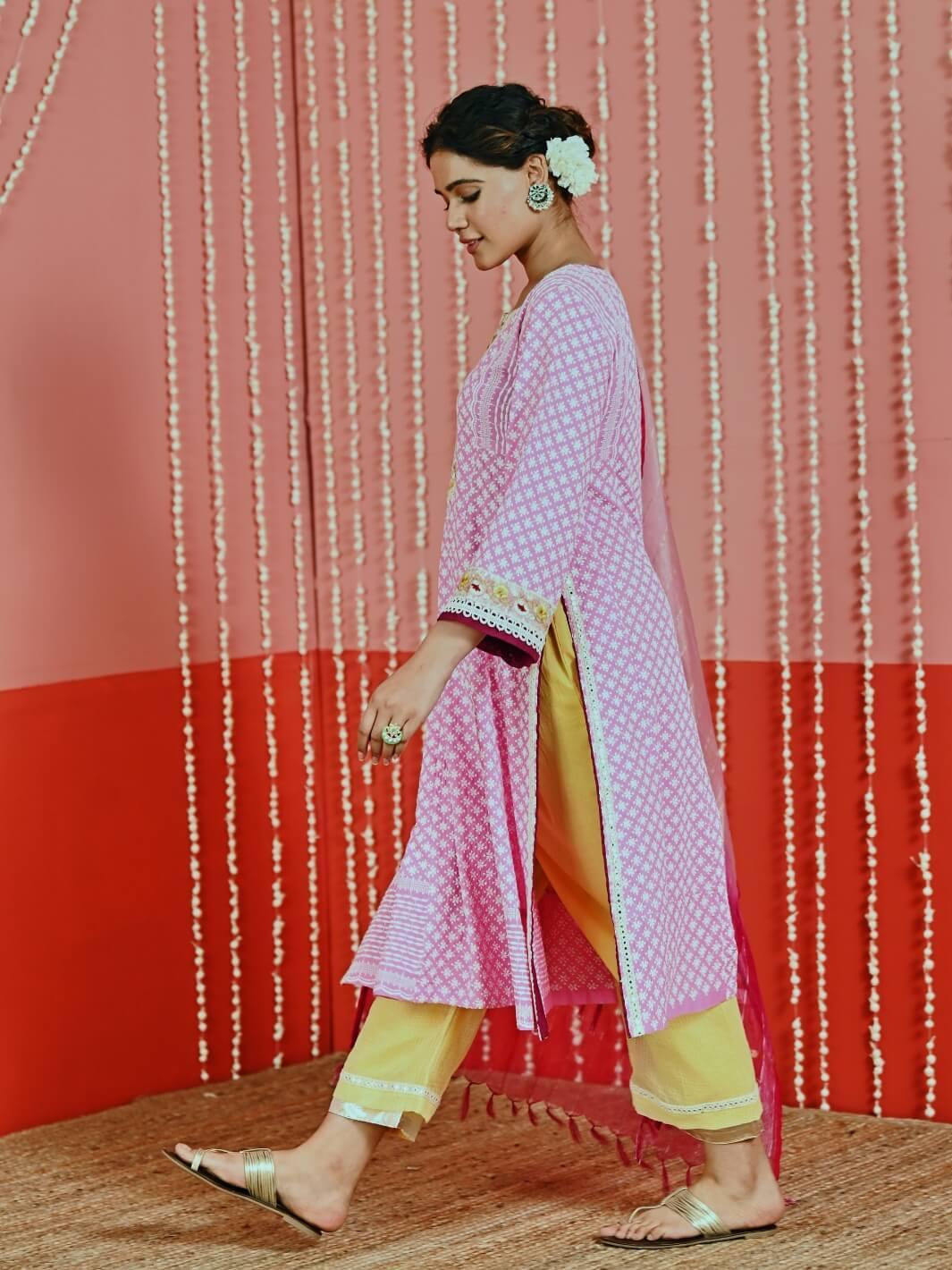 Pink Cotton Ethnic Kurta Set with Self-Embroidery & Organza Dupatta - Myaara