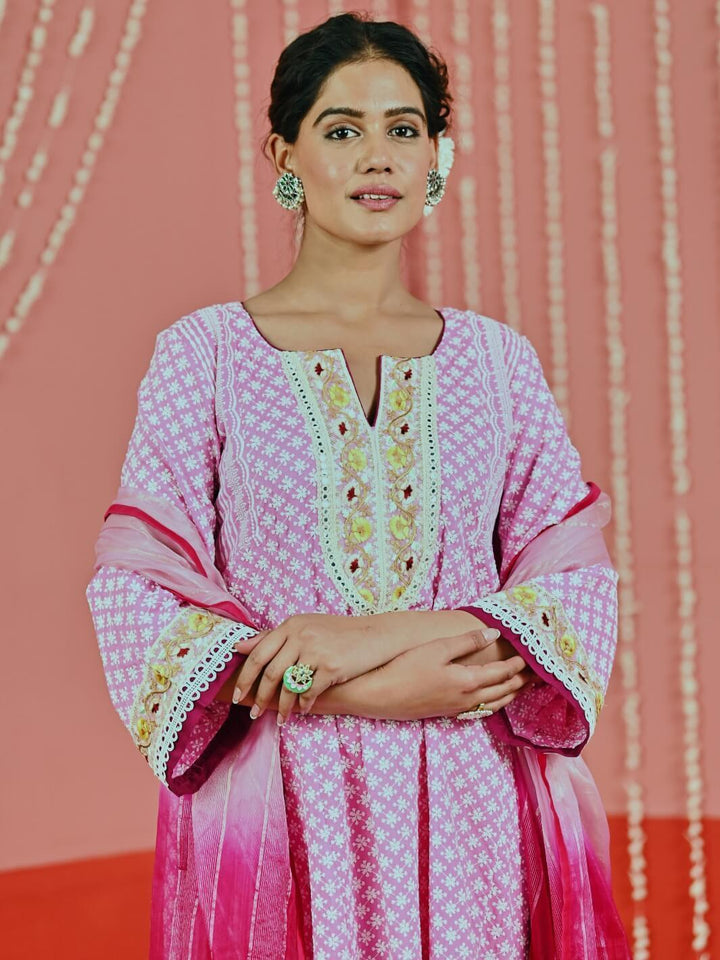 Pink Cotton Ethnic Kurta Set with Self-Embroidery & Organza Dupatta - Myaara