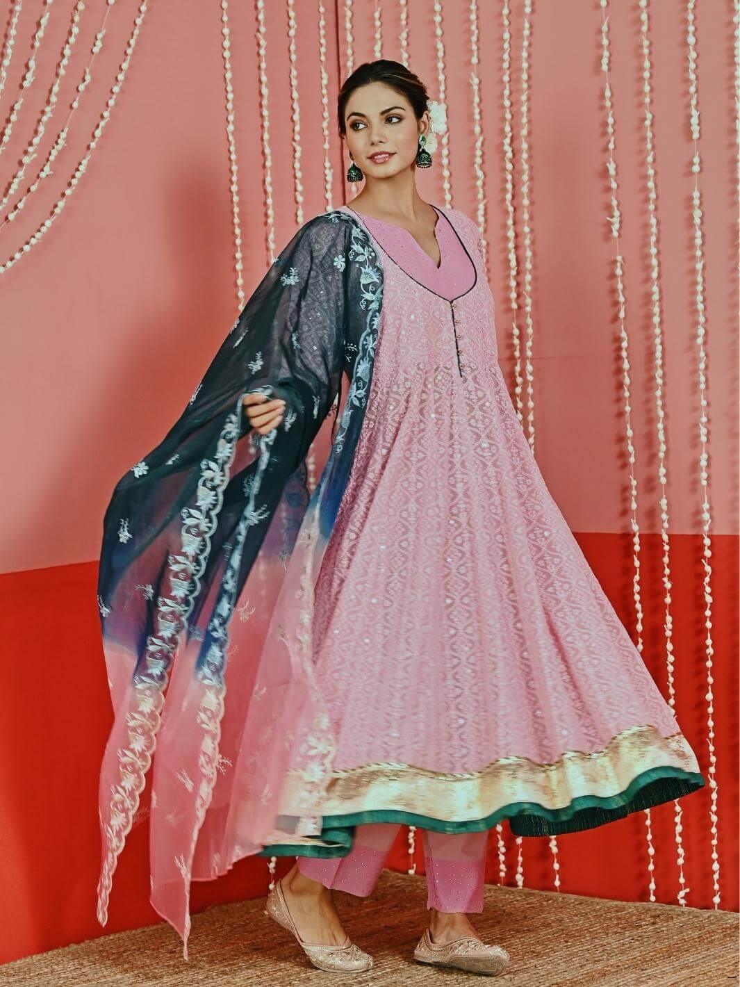 Pink Embroidered Georgette Anarkali Set with Ombre Organza Dupatta - Myaara