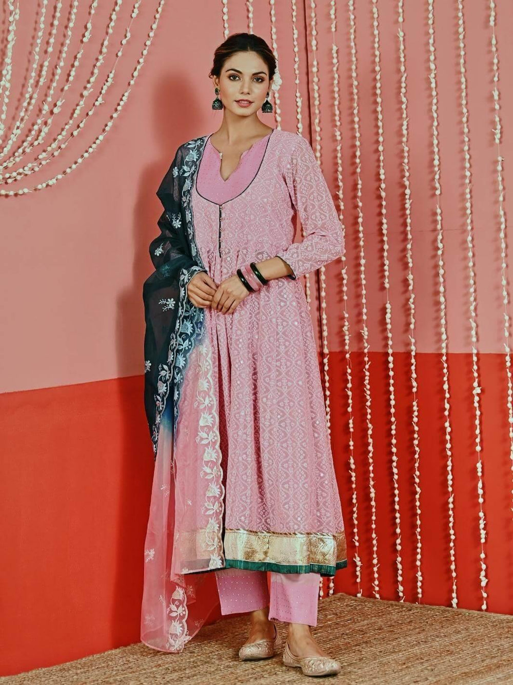 Pink Embroidered Georgette Anarkali Set with Ombre Organza Dupatta - Myaara