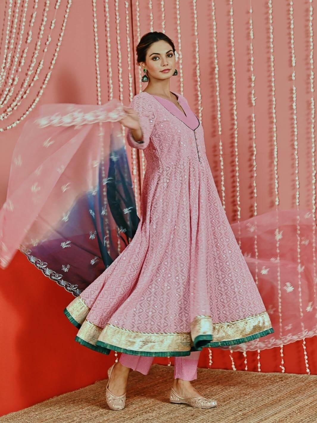 Pink Embroidered Georgette Anarkali Set with Ombre Organza Dupatta - Myaara