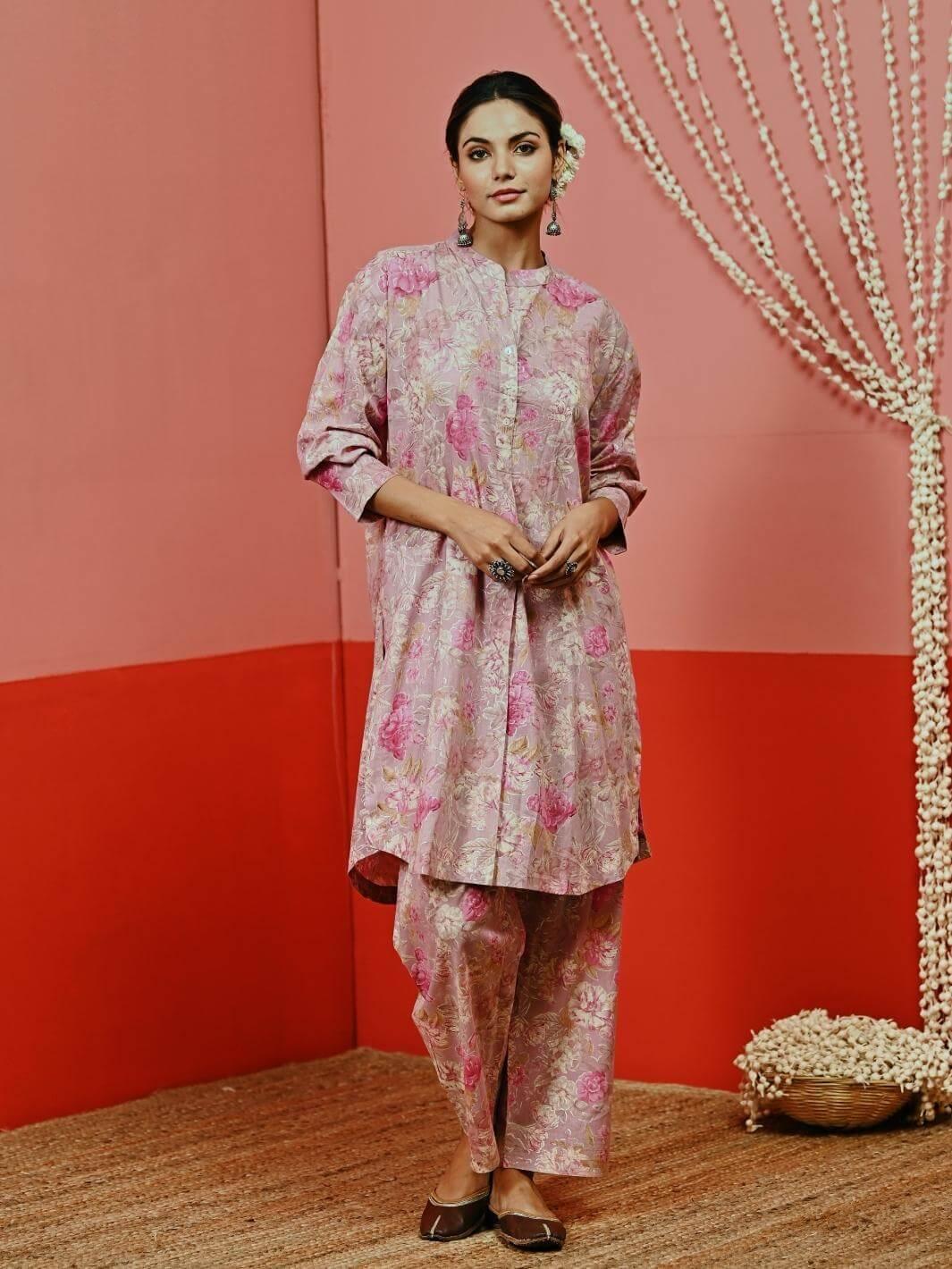 Pink Printed Cotton Short Kurta Set - Myaara