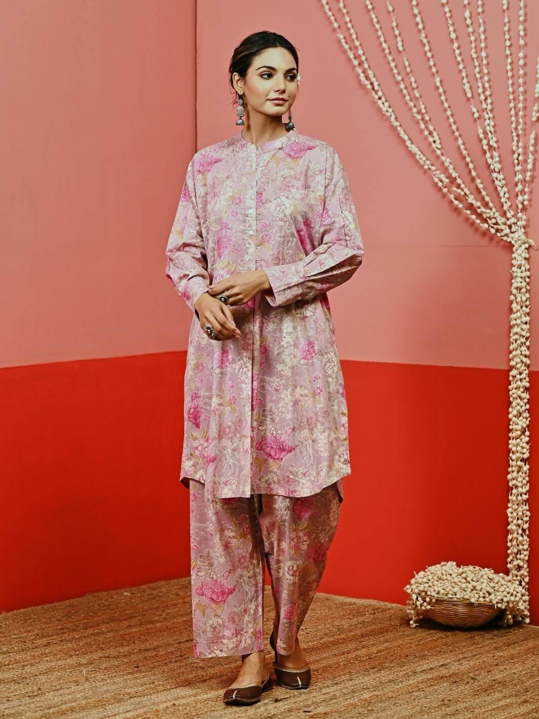 Pink Printed Cotton Short Kurta Set - Myaara