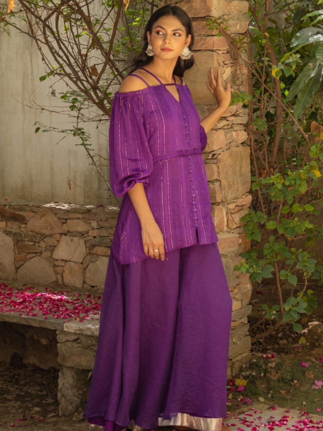Purple Cold Shoulder Fusion Set with Flared Pants - Myaara