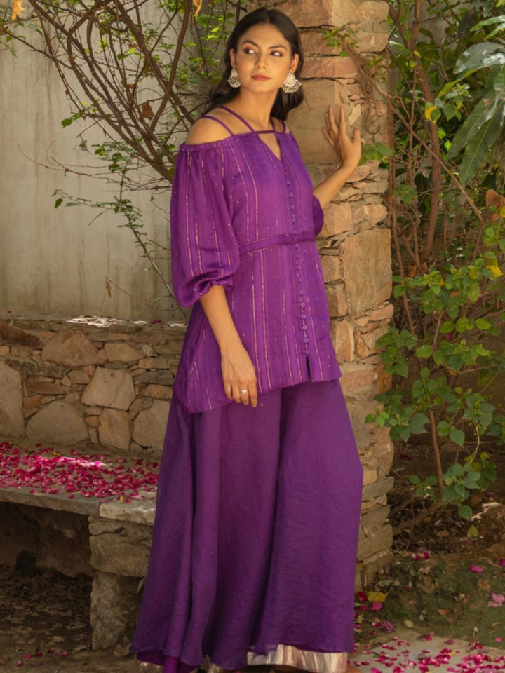 Purple Cold Shoulder Fusion Set with Flared Pants - Myaara