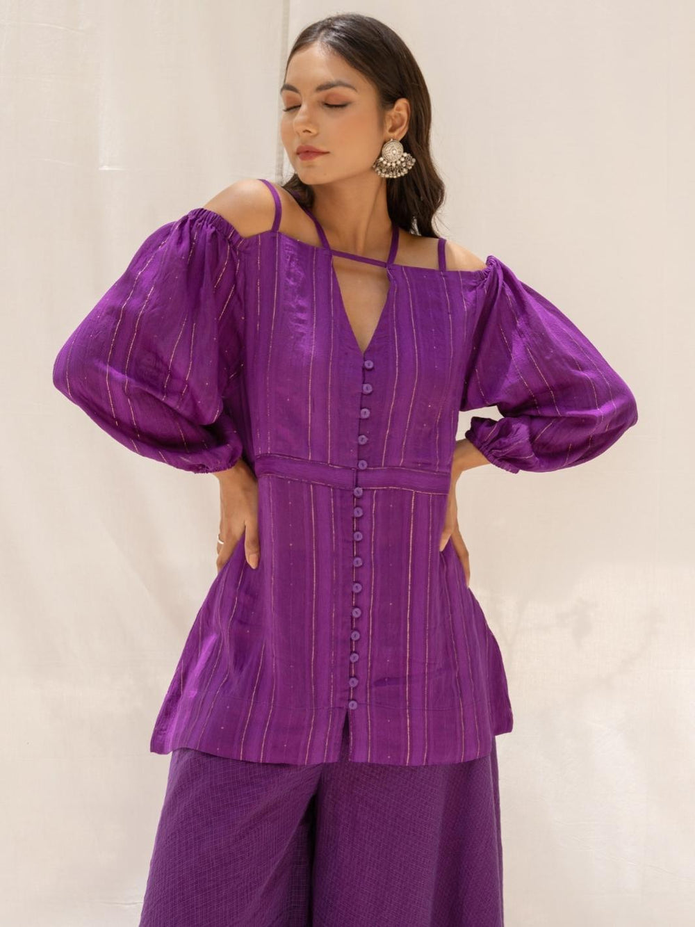 Purple Cold Shoulder Fusion Set with Flared Pants - Myaara
