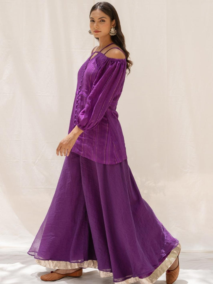 Purple Cold Shoulder Fusion Set with Flared Pants - Myaara