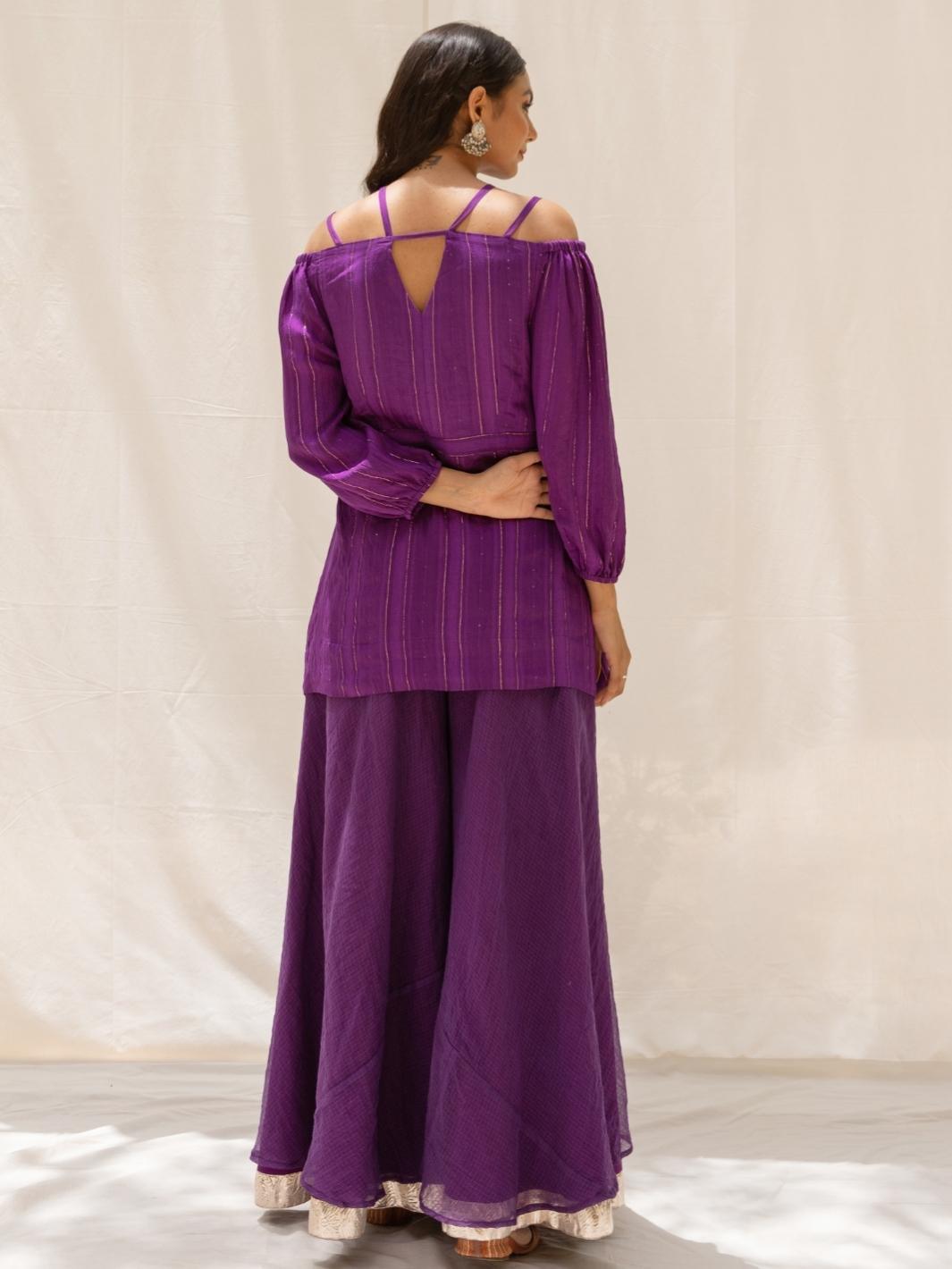 Purple Cold Shoulder Fusion Set with Flared Pants - Myaara