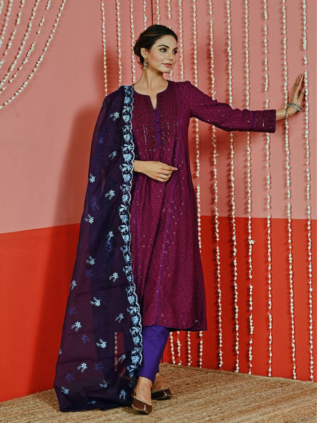 Purple Sequin Embroidered A-Line Kurta Set with Organza Dupatta - Myaara