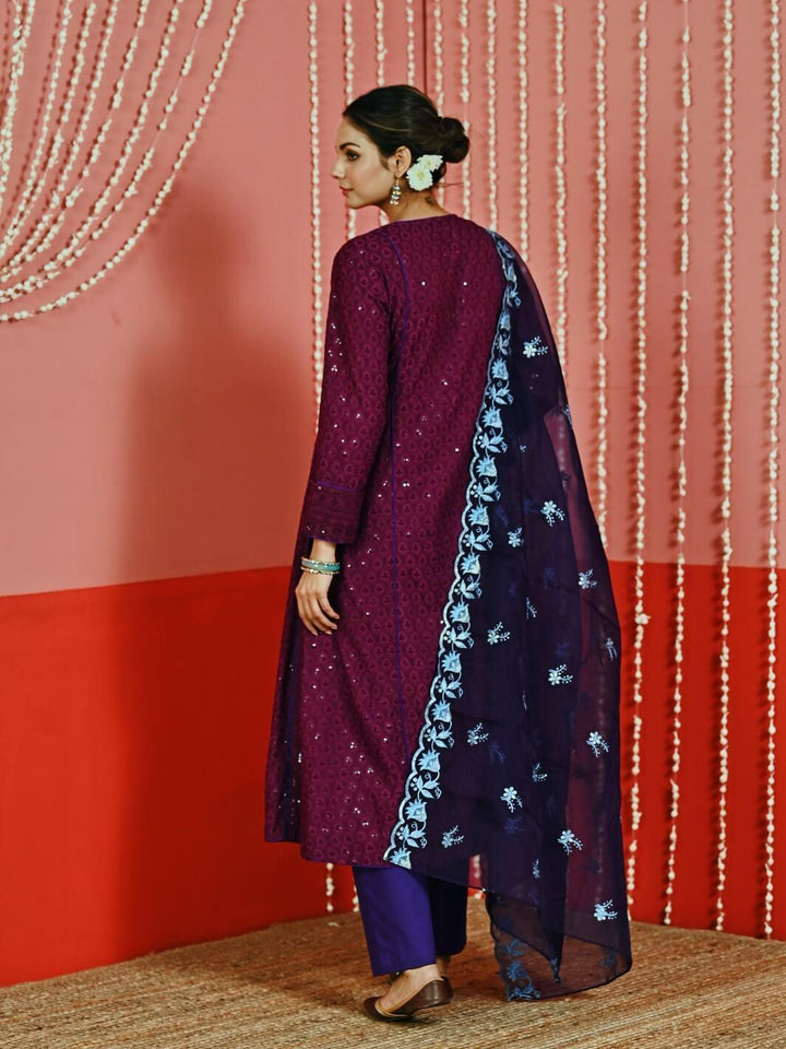 Purple Sequin Embroidered A-Line Kurta Set with Organza Dupatta - Myaara