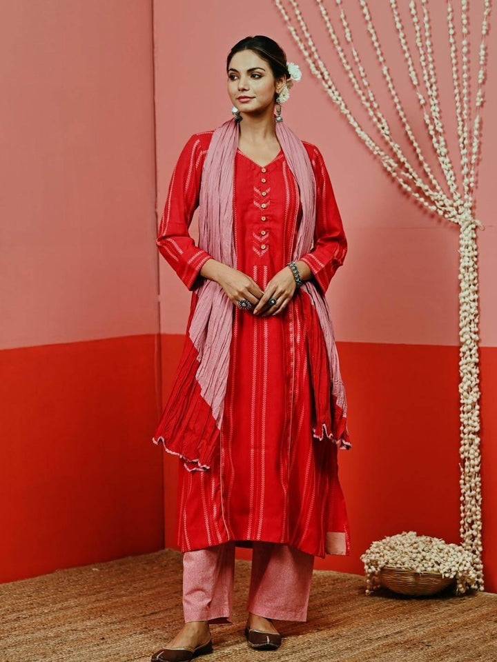 Red A-line Woven Cotton Kurta Set with Mulmul Dupatta - Myaara