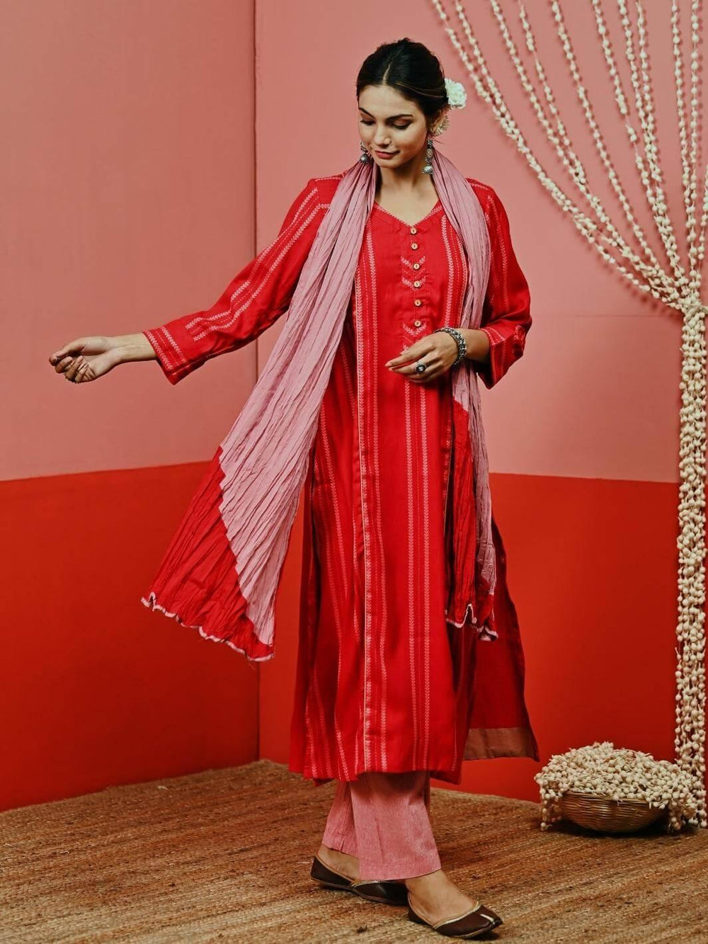 Red A-line Woven Cotton Kurta Set with Mulmul Dupatta - Myaara