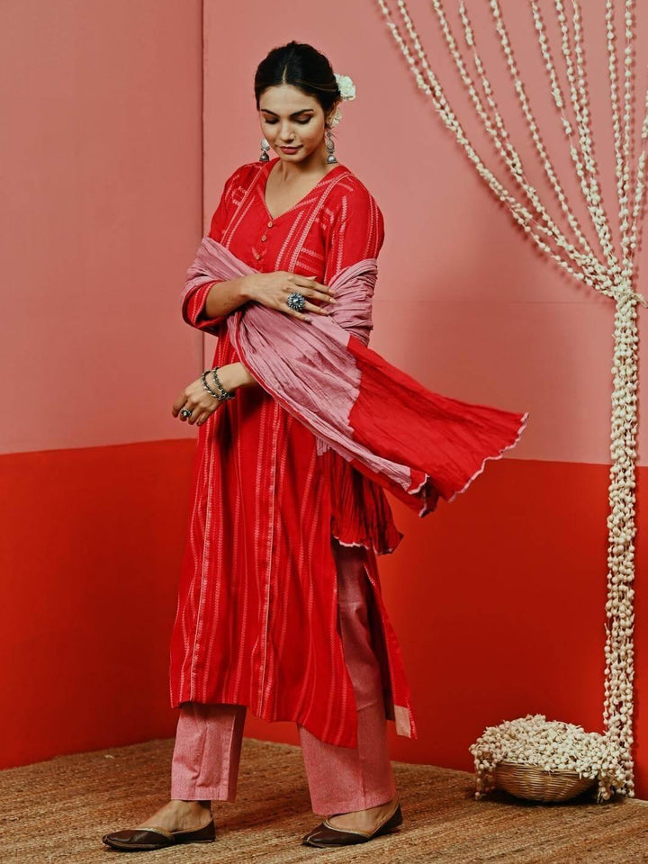 Red A-line Woven Cotton Kurta Set with Mulmul Dupatta - Myaara