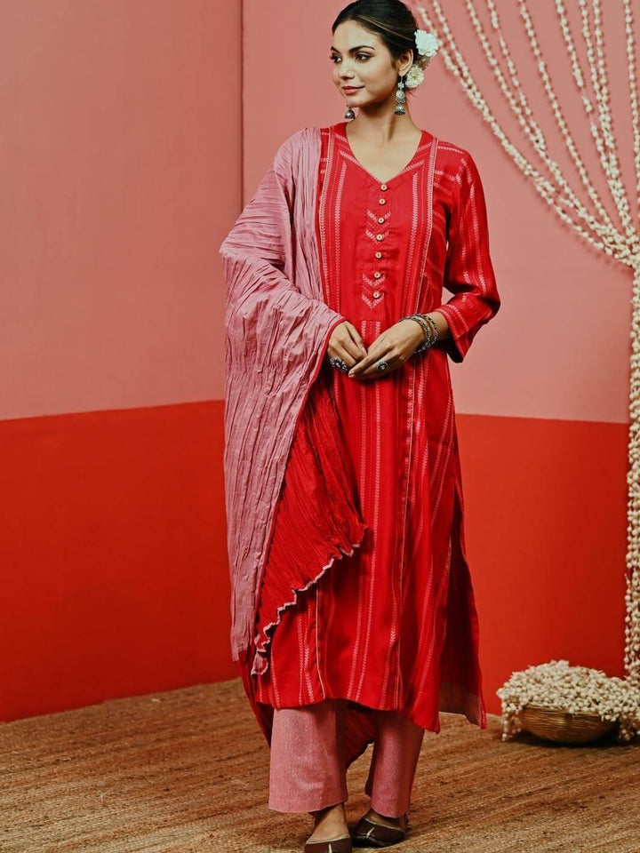 Red A-line Woven Cotton Kurta Set with Mulmul Dupatta - Myaara