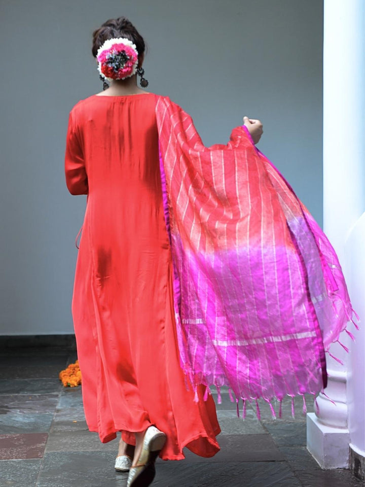Red Satin Kurta Set with Pink Ombre Organza Dupatta - Myaara