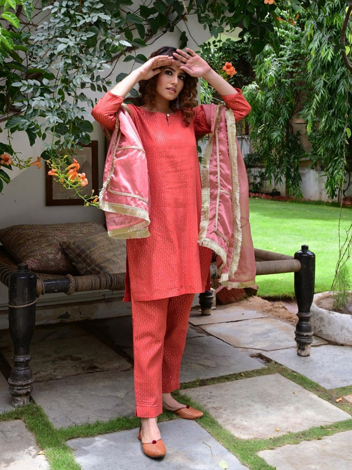 Red Short Kurta Set with Organza Dupatta & Gota-details - Myaara