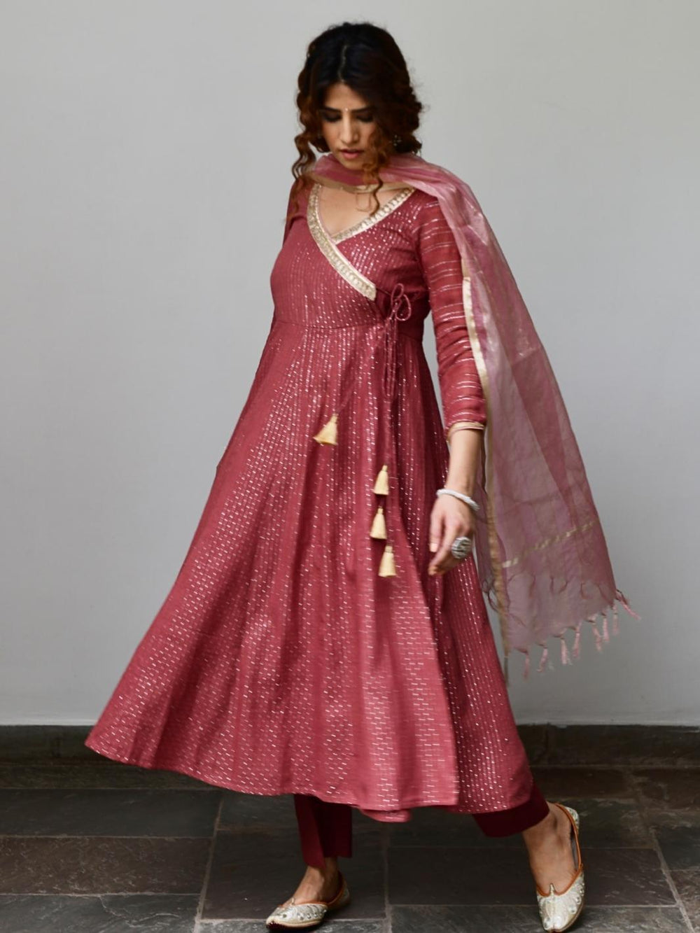 Rust Brown Ethnic Anarkali Set with Organza Dupatta & Gota patti Work - Myaara