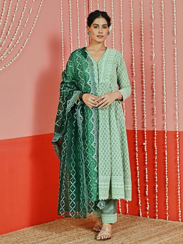 Sage Green Embroidered Georgette Anarkali Set with Organza Dupatta - Myaara