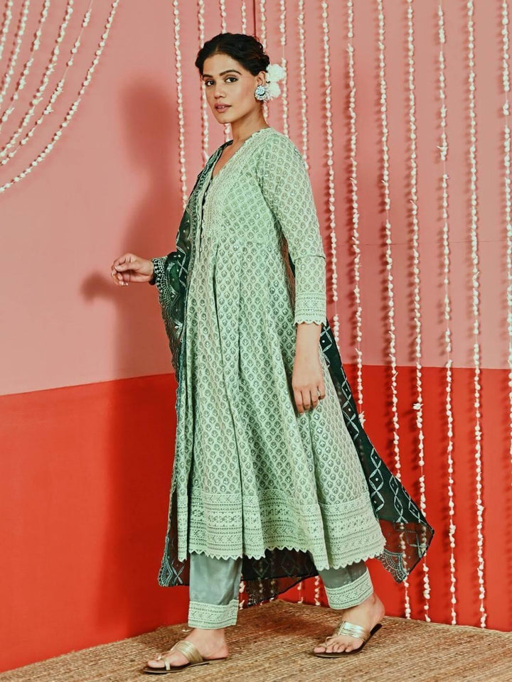 Sage Green Embroidered Georgette Anarkali Set with Organza Dupatta - Myaara