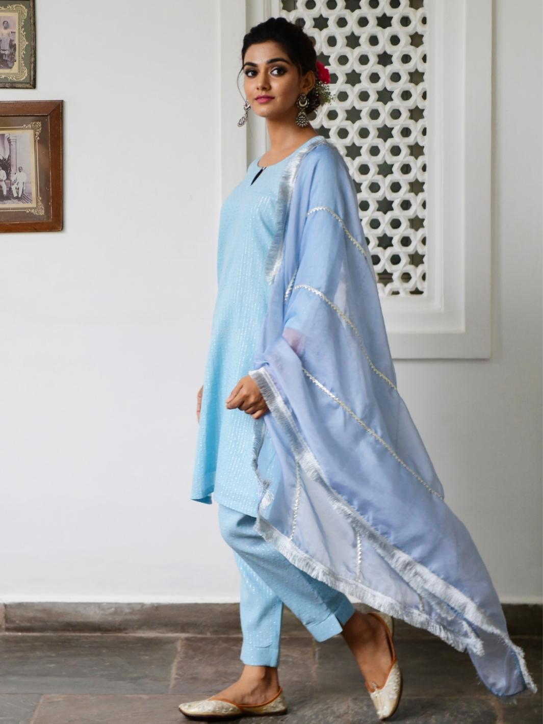 Sky Blue Short Kurta Set with Organza Dupatta & Gota-details - Myaara