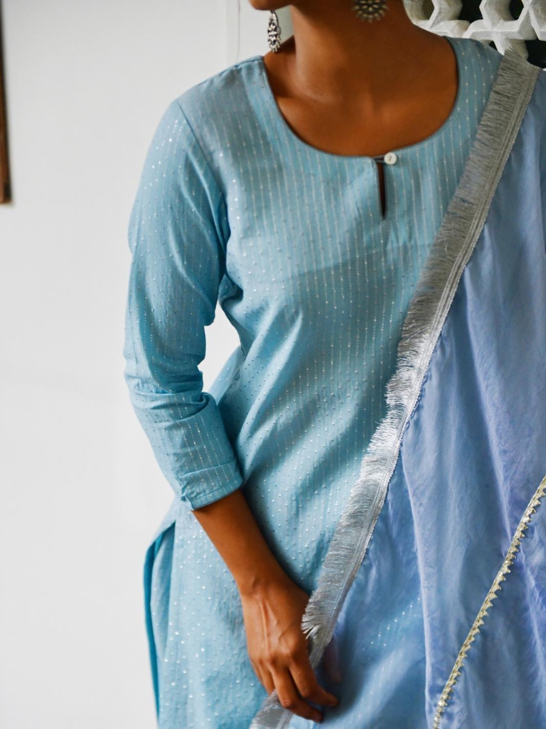 Sky Blue Short Kurta Set with Organza Dupatta & Gota-details - Myaara