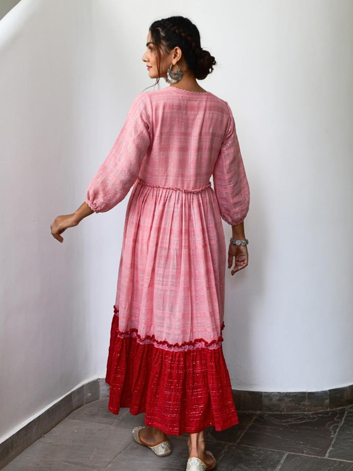 Soft Pink & Red Cotton Lurex Ethnic Dress with Lace-Details - Myaara