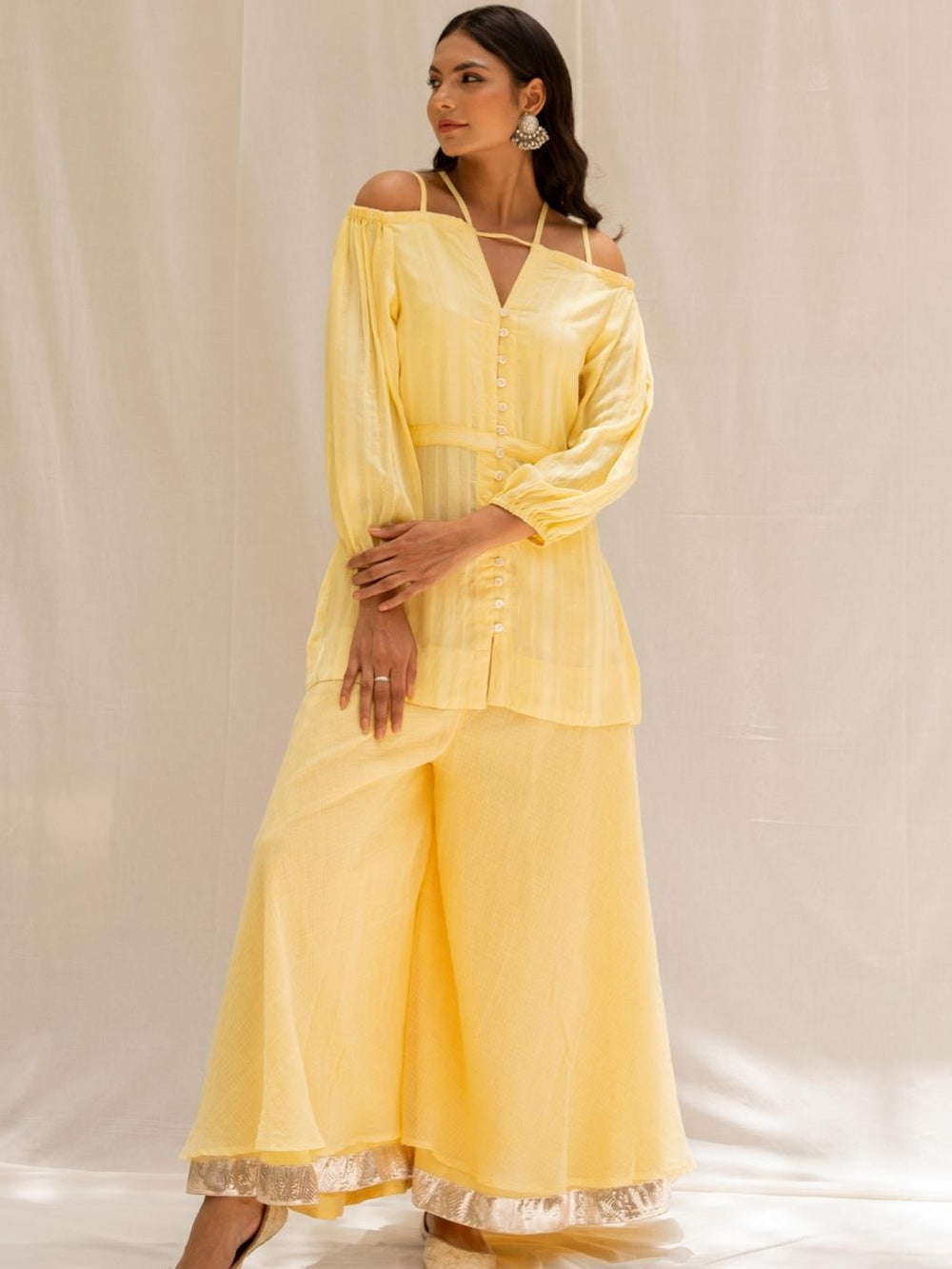 Soft Yellow Cold Shoulder Fusion Set with Flared Pants - Myaara
