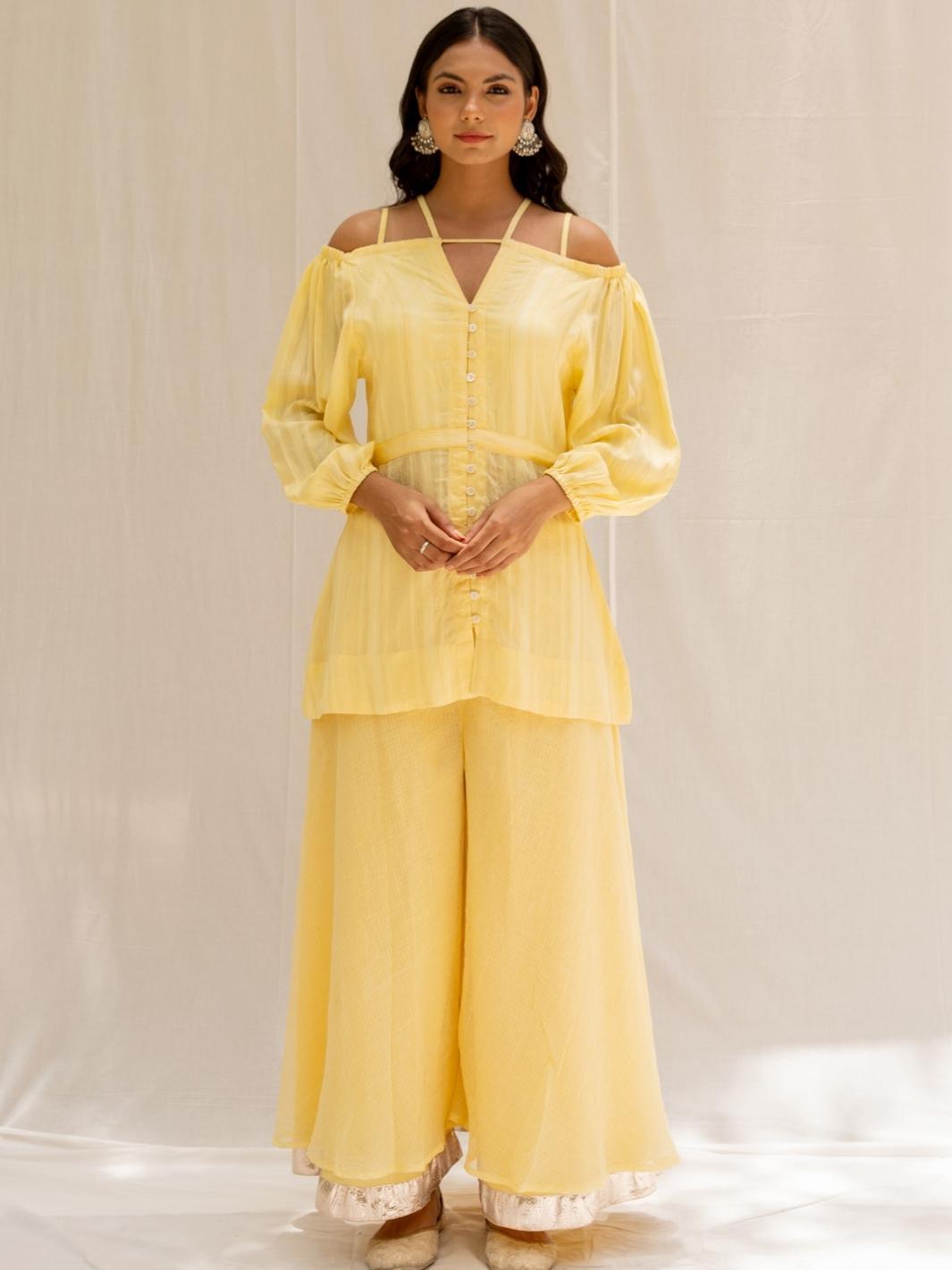 Soft Yellow Cold Shoulder Fusion Set with Flared Pants - Myaara