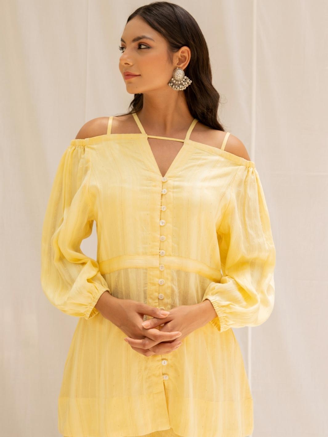 Soft Yellow Cold Shoulder Fusion Set with Flared Pants - Myaara