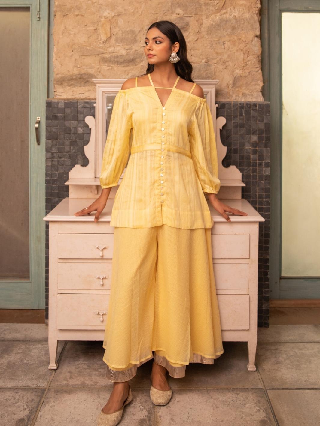 Soft Yellow Cold Shoulder Fusion Set with Flared Pants - Myaara