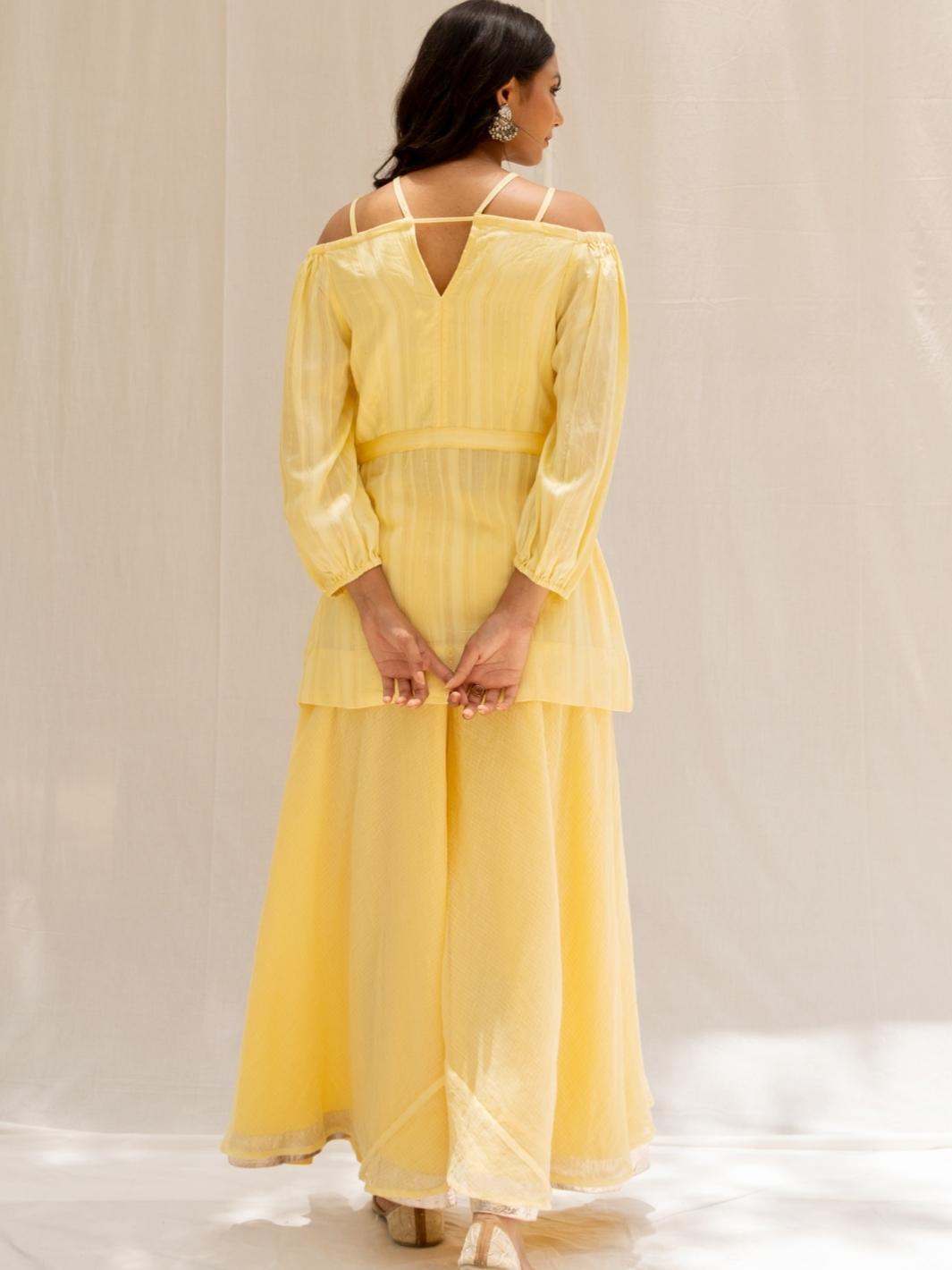 Soft Yellow Cold Shoulder Fusion Set with Flared Pants - Myaara