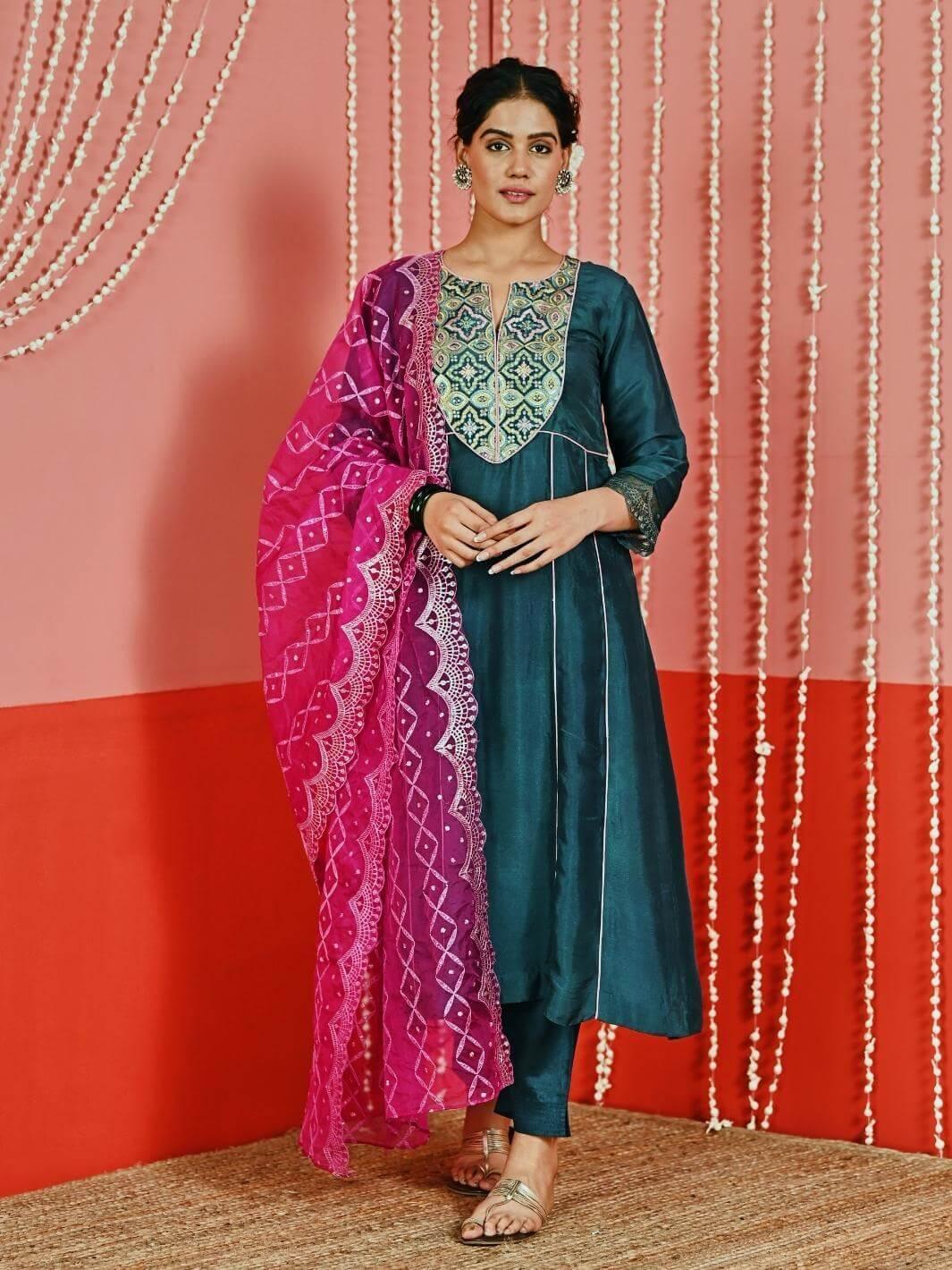 Teal Embroidered Silk Blend Ethnic Kurta Set with Organza Dupatta - Myaara