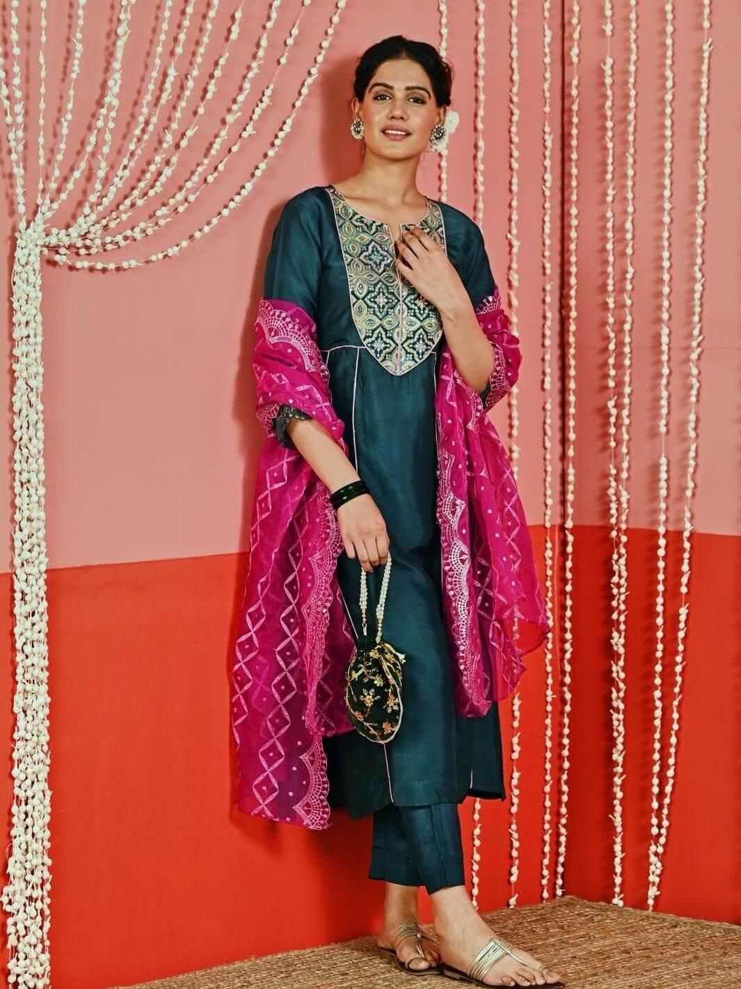 Teal Embroidered Silk Blend Ethnic Kurta Set with Organza Dupatta - Myaara