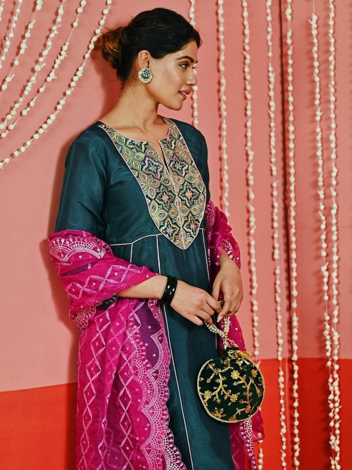 Teal Embroidered Silk Blend Ethnic Kurta Set with Organza Dupatta - Myaara