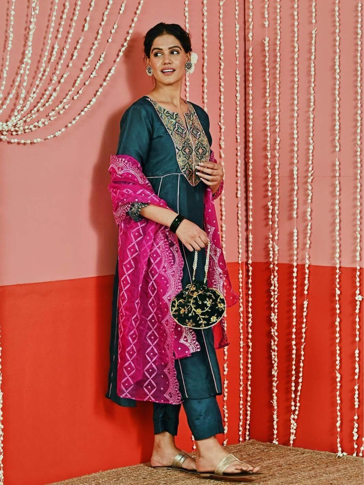 Teal Embroidered Silk Blend Ethnic Kurta Set with Organza Dupatta - Myaara