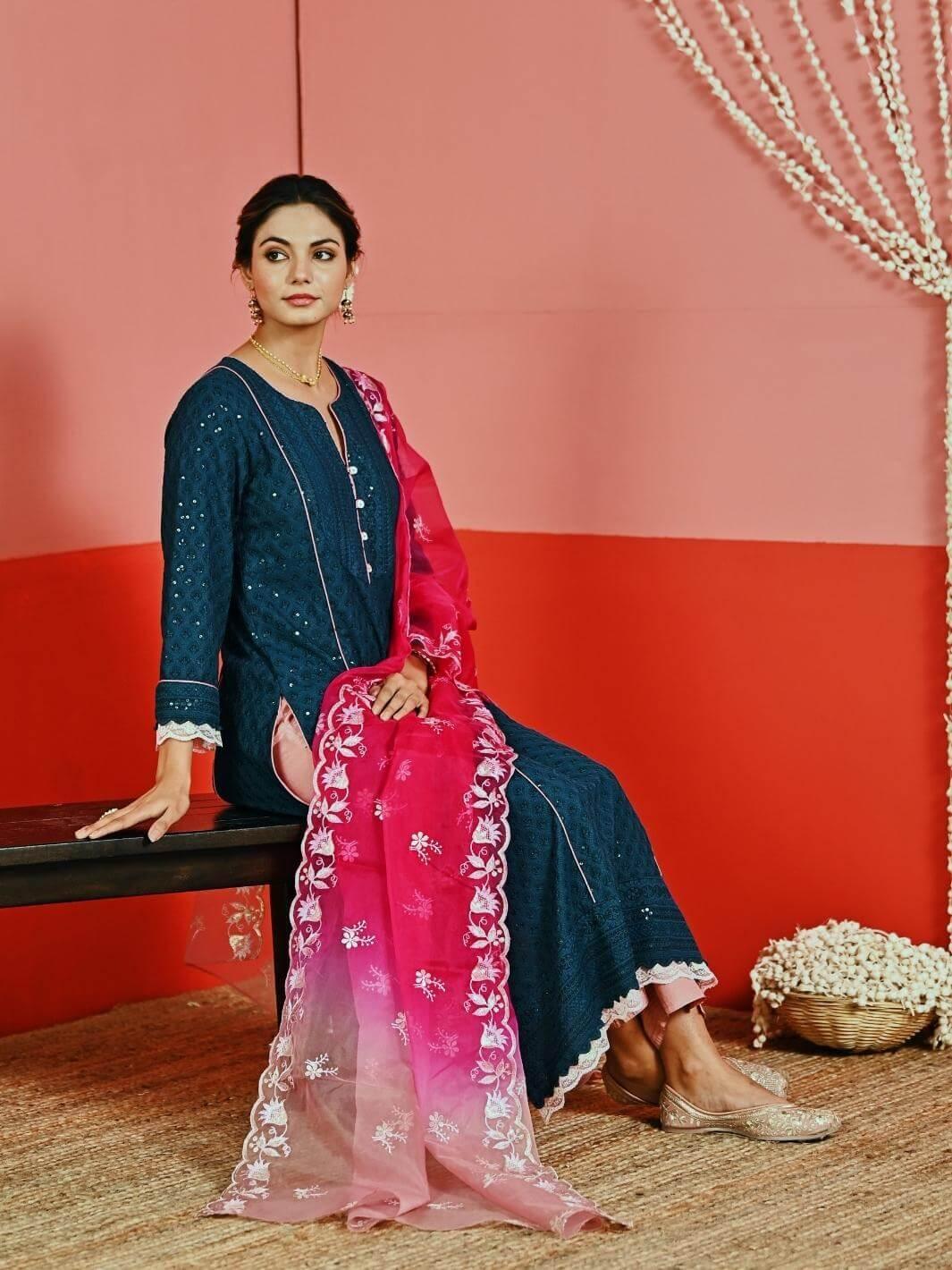 Teal Sequin Embroidered A-Line Kurta Set with Organza Dupatta - Myaara