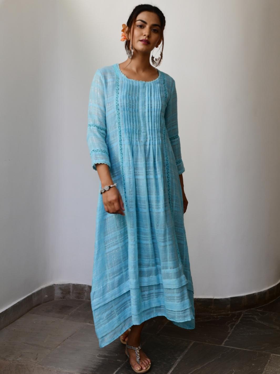 Turquoise Blue Cotton Lurex Ethnic Dress with Lace-Details - Myaara