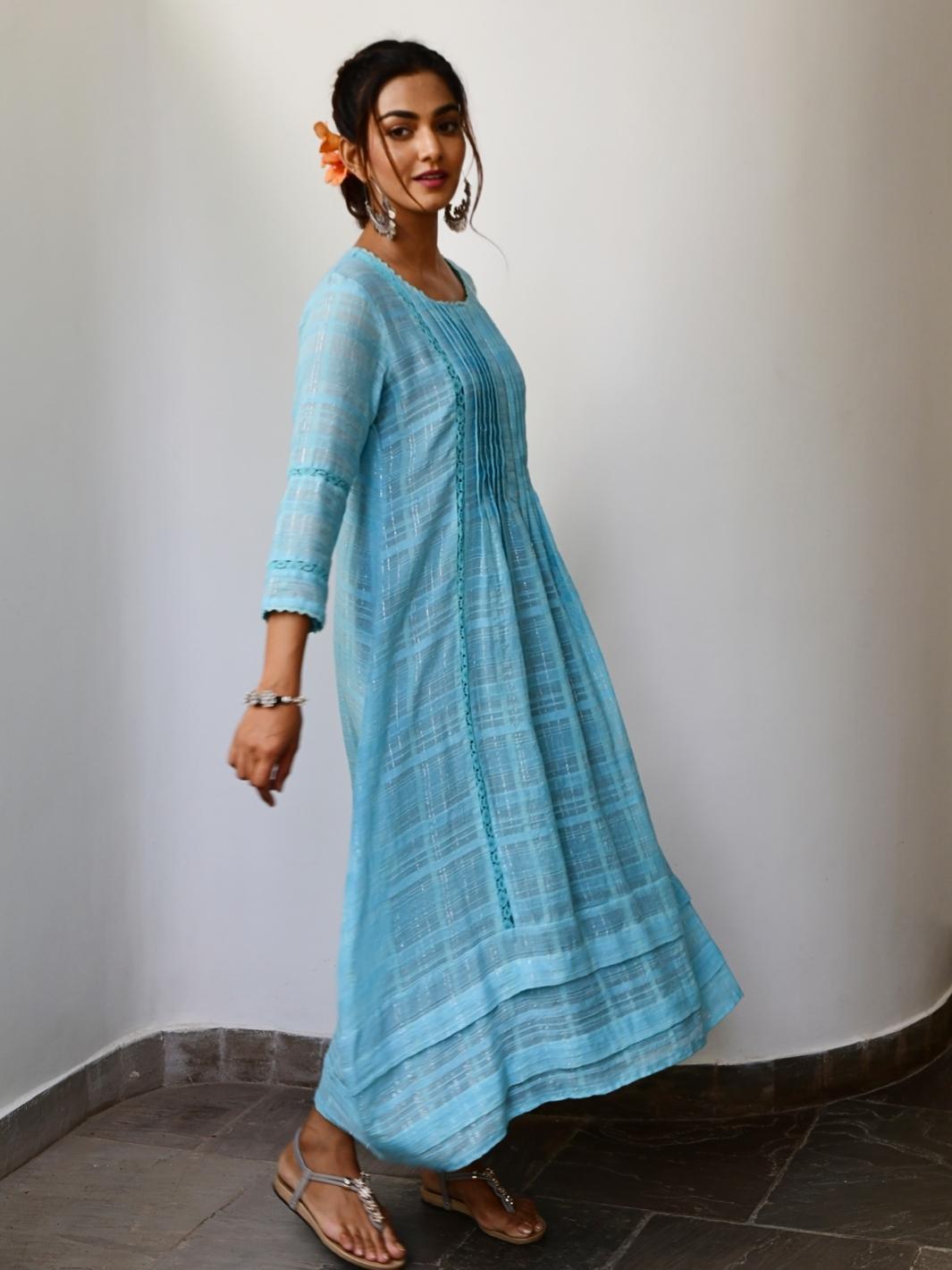 Turquoise Blue Cotton Lurex Ethnic Dress with Lace-Details - Myaara