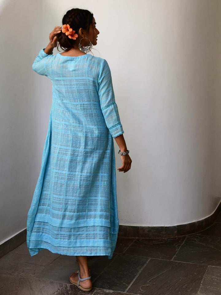 Turquoise Blue Cotton Lurex Ethnic Dress with Lace-Details - Myaara