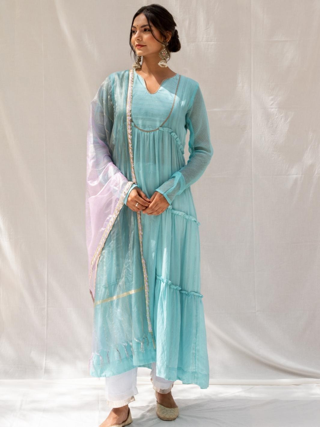 Turquoise Chanderi Anarkali Set with Ombre Organza Dupatta - Myaara