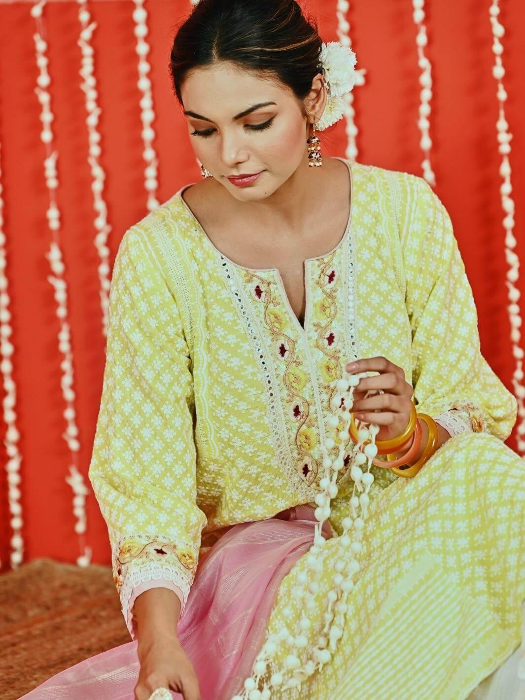 Yellow Cotton Ethnic Kurta Set with Self-Embroidery & Organza Dupatta - Myaara