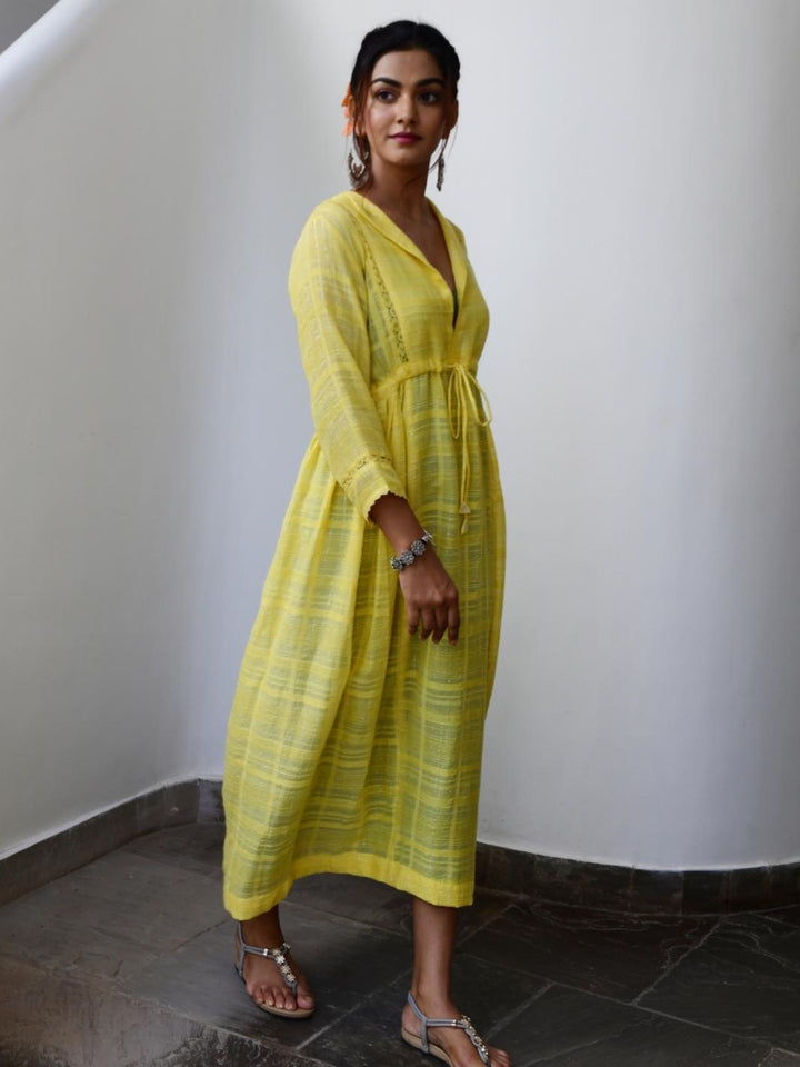 Yellow Cotton Lurex Ethnic Dress with Lace-Details - Myaara