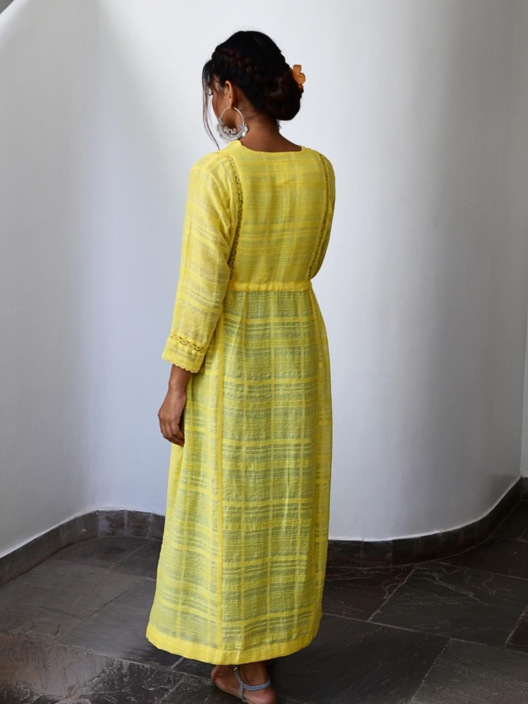 Yellow Cotton Lurex Ethnic Dress with Lace-Details - Myaara