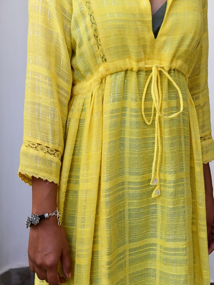 Yellow Cotton Lurex Ethnic Dress with Lace-Details - Myaara