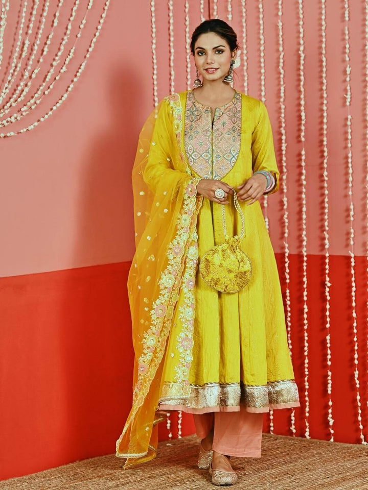 Yellow Embroidered Chanderi Ethnic Anarkali Set with Organza Dupatta - Myaara