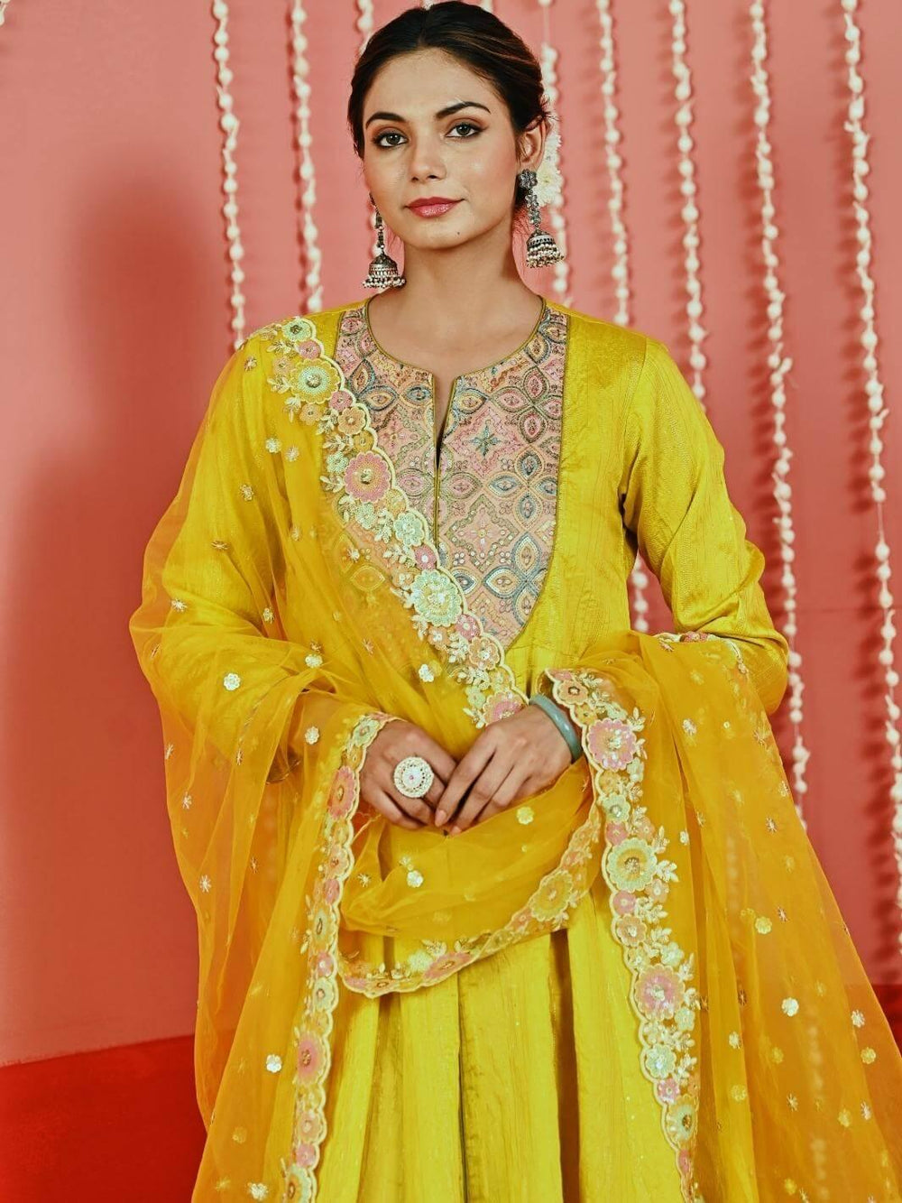 Yellow Embroidered Chanderi Ethnic Anarkali Set with Organza Dupatta - Myaara