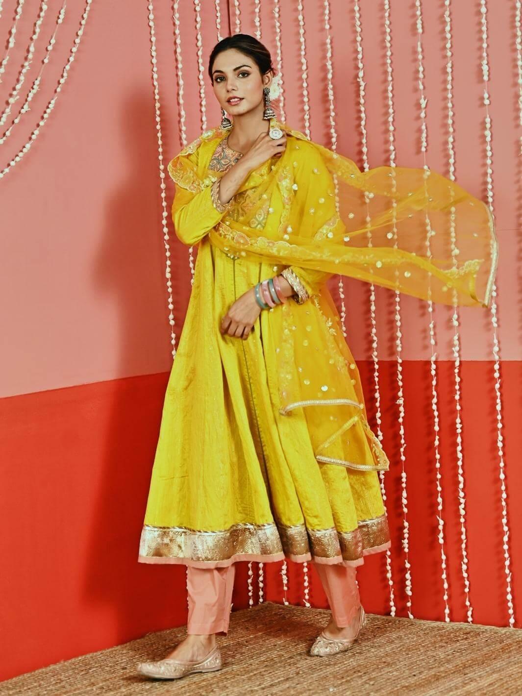 Yellow Embroidered Chanderi Ethnic Anarkali Set with Organza Dupatta - Myaara