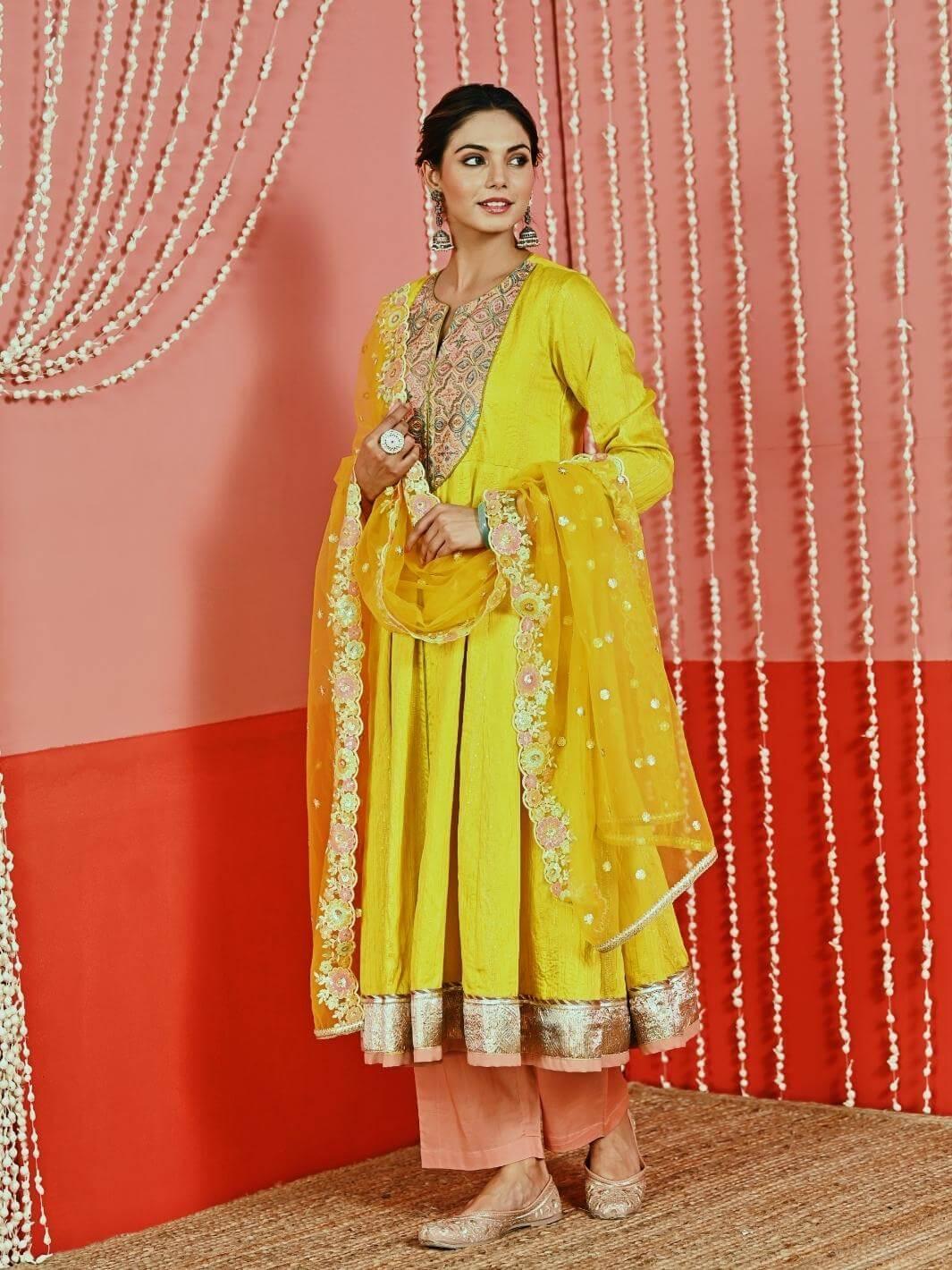 Yellow Embroidered Chanderi Ethnic Anarkali Set with Organza Dupatta - Myaara