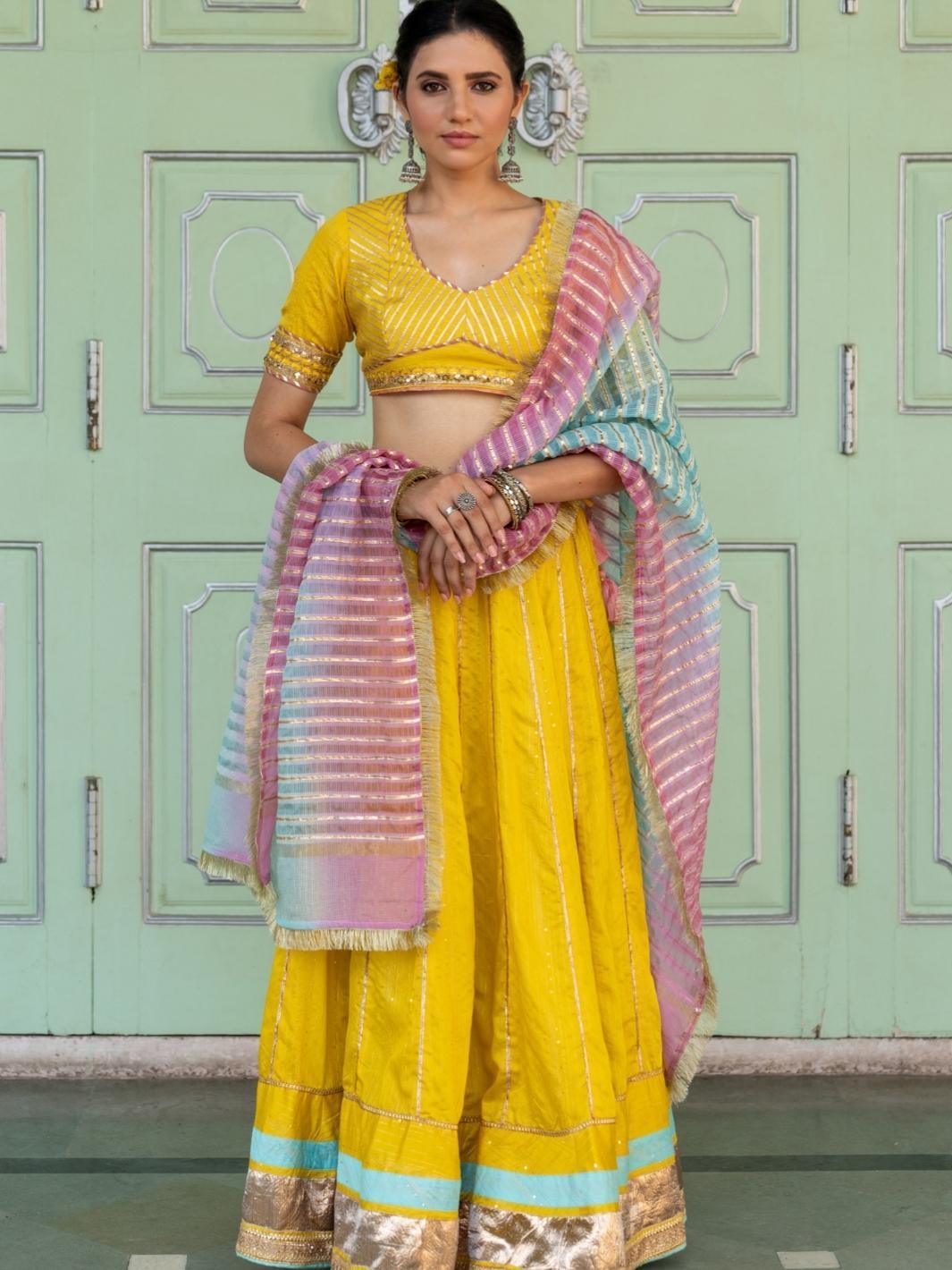 Yellow Embroidered Lehenga Set with Organza Dupatta & Gota-work - Myaara