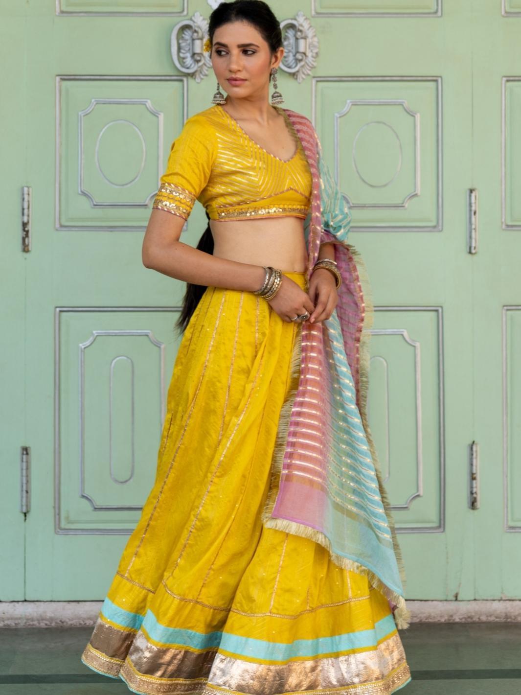 Yellow Embroidered Lehenga Set with Organza Dupatta & Gota-work - Myaara